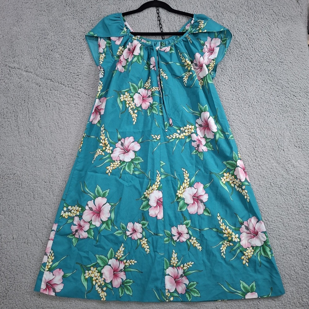 Hilo Hattie MuuMuu Sz M Blue Hibiscus Floral Tiki Lounge Vintage Luau Midi Dress